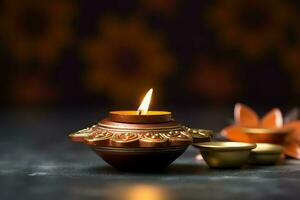 Happy diwali or deepavali traditional indian festival with clay diya oil lamp. Indian hindu festival of light symbol with candle and light. Clay diya lamp lit during diwali celebration by AI generated photo