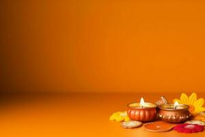 Happy diwali or deepavali traditional indian festival with clay diya oil lamp. Indian hindu festival of light symbol with candle and light. Clay diya lamp lit during diwali celebration by AI generated photo
