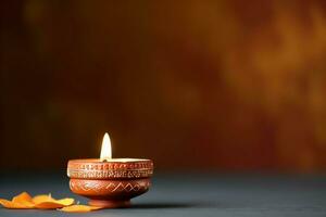 Happy diwali or deepavali traditional indian festival with clay diya oil lamp. Indian hindu festival of light symbol with candle and light. Clay diya lamp lit during diwali celebration by AI generated photo