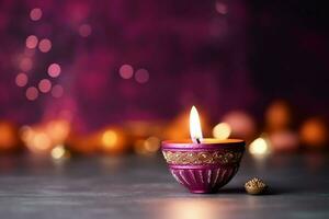 Happy diwali or deepavali traditional indian festival with clay diya oil lamp. Indian hindu festival of light symbol with candle and light. Clay diya lamp lit during diwali celebration by AI generated photo