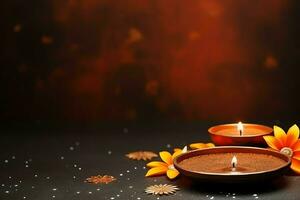 Happy diwali or deepavali traditional indian festival with clay diya oil lamp. Indian hindu festival of light symbol with candle and light. Clay diya lamp lit during diwali celebration by AI generated photo