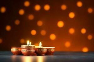 Happy diwali or deepavali traditional indian festival with clay diya oil lamp. Indian hindu festival of light symbol with candle and light. Clay diya lamp lit during diwali celebration by AI generated photo