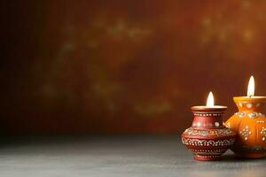 Happy diwali or deepavali traditional indian festival with clay diya oil lamp. Indian hindu festival of light symbol with candle and light. Clay diya lamp lit during diwali celebration by AI generated photo
