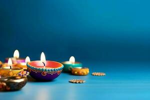 Happy diwali or deepavali traditional indian festival with clay diya oil lamp. Indian hindu festival of light symbol with candle and light. Clay diya lamp lit during diwali celebration by AI generated photo