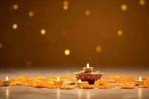 Happy diwali or deepavali traditional indian festival with clay diya oil lamp. Indian hindu festival of light symbol with candle and light. Clay diya lamp lit during diwali celebration by AI generated photo