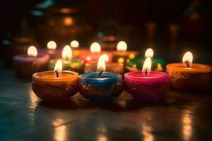 Happy diwali or deepavali traditional indian festival with clay diya oil lamp. Indian hindu festival of light symbol with candle and light. Clay diya lamp lit during diwali celebration by AI generated photo