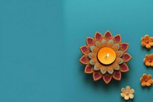 Happy diwali or deepavali traditional indian festival with clay diya oil lamp. Indian hindu festival of light symbol with candle and light. Clay diya lamp lit during diwali celebration by AI generated photo