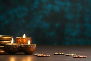 Happy diwali or deepavali traditional indian festival with clay diya oil lamp. Indian hindu festival of light symbol with candle and light. Clay diya lamp lit during diwali celebration by AI generated photo