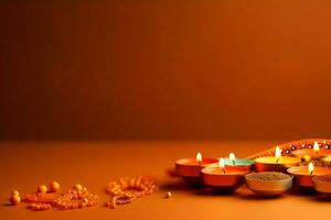 Happy diwali or deepavali traditional indian festival with clay diya oil lamp. Indian hindu festival of light symbol with candle and light. Clay diya lamp lit during diwali celebration by AI generated photo