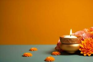 Happy diwali or deepavali traditional indian festival with clay diya oil lamp. Indian hindu festival of light symbol with candle and light. Clay diya lamp lit during diwali celebration by AI generated photo