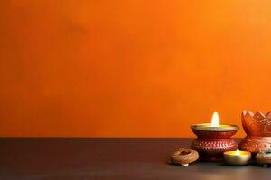 Happy diwali or deepavali traditional indian festival with clay diya oil lamp. Indian hindu festival of light symbol with candle and light. Clay diya lamp lit during diwali celebration by AI generated photo