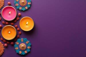 Happy diwali or deepavali traditional indian festival with clay diya oil lamp. Indian hindu festival of light symbol with candle and light. Clay diya lamp lit during diwali celebration by AI generated photo