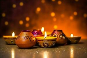 Happy diwali or deepavali traditional indian festival with clay diya oil lamp. Indian hindu festival of light symbol with candle and light. Clay diya lamp lit during diwali celebration by AI generated photo