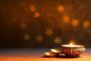 Happy diwali or deepavali traditional indian festival with clay diya oil lamp. Indian hindu festival of light symbol with candle and light. Clay diya lamp lit during diwali celebration by AI generated photo