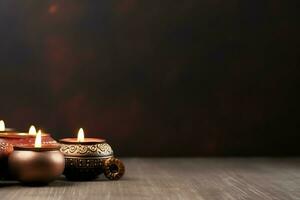 Happy diwali or deepavali traditional indian festival with clay diya oil lamp. Indian hindu festival of light symbol with candle and light. Clay diya lamp lit during diwali celebration by AI generated photo