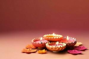 Happy diwali or deepavali traditional indian festival with clay diya oil lamp. Indian hindu festival of light symbol with candle and light. Clay diya lamp lit during diwali celebration by AI generated photo