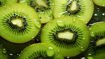 kiwi slices with water background. Close up, water drops. Generative AI photo