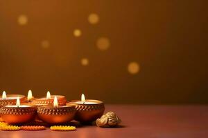 Happy diwali or deepavali traditional indian festival with clay diya oil lamp. Indian hindu festival of light symbol with candle and light. Clay diya lamp lit during diwali celebration by AI generated photo