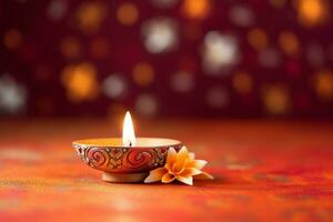 Happy diwali or deepavali traditional indian festival with clay diya oil lamp. Indian hindu festival of light symbol with candle and light. Clay diya lamp lit during diwali celebration by AI generated photo