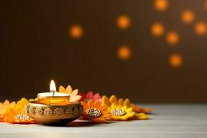 Happy diwali or deepavali traditional indian festival with clay diya oil lamp. Indian hindu festival of light symbol with candle and light. Clay diya lamp lit during diwali celebration by AI generated photo