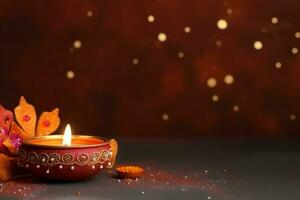 Happy diwali or deepavali traditional indian festival with clay diya oil lamp. Indian hindu festival of light symbol with candle and light. Clay diya lamp lit during diwali celebration by AI generated photo