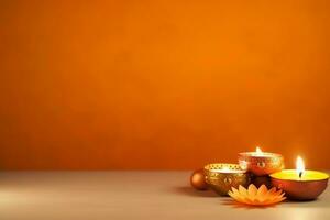 Happy diwali or deepavali traditional indian festival with clay diya oil lamp. Indian hindu festival of light symbol with candle and light. Clay diya lamp lit during diwali celebration by AI generated photo