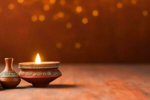 Happy diwali or deepavali traditional indian festival with clay diya oil lamp. Indian hindu festival of light symbol with candle and light. Clay diya lamp lit during diwali celebration by AI generated photo