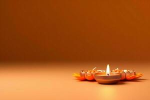 Happy diwali or deepavali traditional indian festival with clay diya oil lamp. Indian hindu festival of light symbol with candle and light. Clay diya lamp lit during diwali celebration by AI generated photo