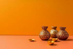 Happy diwali or deepavali traditional indian festival with clay diya oil lamp. Indian hindu festival of light symbol with candle and light. Clay diya lamp lit during diwali celebration by AI generated photo