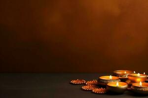 Happy diwali or deepavali traditional indian festival with clay diya oil lamp. Indian hindu festival of light symbol with candle and light. Clay diya lamp lit during diwali celebration by AI generated photo