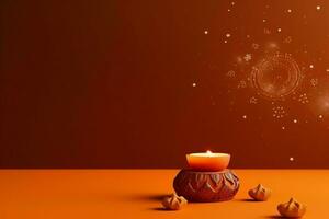 Happy diwali or deepavali traditional indian festival with clay diya oil lamp. Indian hindu festival of light symbol with candle and light. Clay diya lamp lit during diwali celebration by AI generated photo