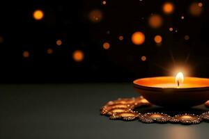 Happy diwali or deepavali traditional indian festival with clay diya oil lamp. Indian hindu festival of light symbol with candle and light. Clay diya lamp lit during diwali celebration by AI generated photo