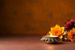 Happy diwali or deepavali traditional indian festival with clay diya oil lamp. Indian hindu festival of light symbol with candle and light. Clay diya lamp lit during diwali celebration by AI generated photo