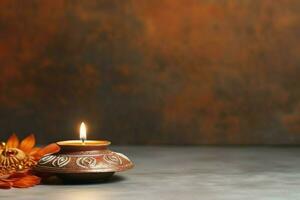 Happy diwali or deepavali traditional indian festival with clay diya oil lamp. Indian hindu festival of light symbol with candle and light. Clay diya lamp lit during diwali celebration by AI generated photo