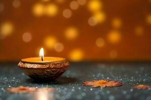 Happy diwali or deepavali traditional indian festival with clay diya oil lamp. Indian hindu festival of light symbol with candle and light. Clay diya lamp lit during diwali celebration by AI generated photo