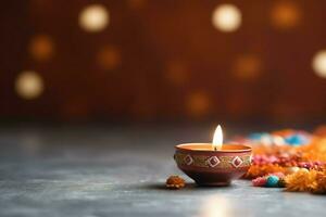 Happy diwali or deepavali traditional indian festival with clay diya oil lamp. Indian hindu festival of light symbol with candle and light. Clay diya lamp lit during diwali celebration by AI generated photo