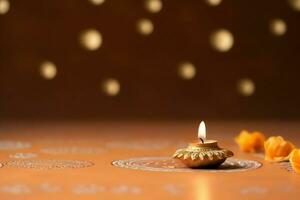 Happy diwali or deepavali traditional indian festival with clay diya oil lamp. Indian hindu festival of light symbol with candle and light. Clay diya lamp lit during diwali celebration by AI generated photo