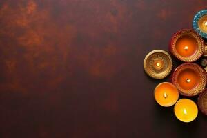 Happy diwali or deepavali traditional indian festival with clay diya oil lamp. Indian hindu festival of light symbol with candle and light. Clay diya lamp lit during diwali celebration by AI generated photo