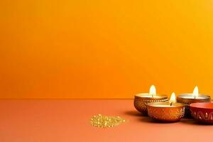 Happy diwali or deepavali traditional indian festival with clay diya oil lamp. Indian hindu festival of light symbol with candle and light. Clay diya lamp lit during diwali celebration by AI generated photo