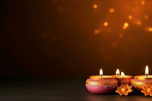 Happy diwali or deepavali traditional indian festival with clay diya oil lamp. Indian hindu festival of light symbol with candle and light. Clay diya lamp lit during diwali celebration by AI generated photo