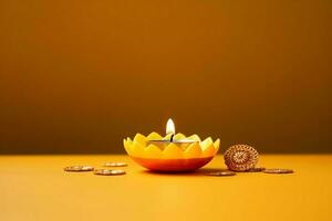 Happy diwali or deepavali traditional indian festival with clay diya oil lamp. Indian hindu festival of light symbol with candle and light. Clay diya lamp lit during diwali celebration by AI generated photo