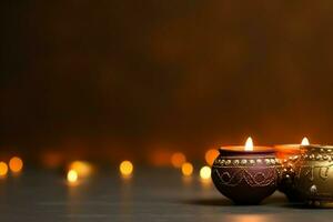 Happy diwali or deepavali traditional indian festival with clay diya oil lamp. Indian hindu festival of light symbol with candle and light. Clay diya lamp lit during diwali celebration by AI generated photo
