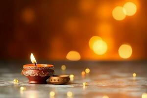 Happy diwali or deepavali traditional indian festival with clay diya oil lamp. Indian hindu festival of light symbol with candle and light. Clay diya lamp lit during diwali celebration by AI generated photo