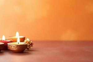 Happy diwali or deepavali traditional indian festival with clay diya oil lamp. Indian hindu festival of light symbol with candle and light. Clay diya lamp lit during diwali celebration by AI generated photo