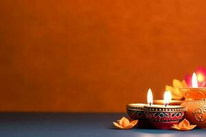 Happy diwali or deepavali traditional indian festival with clay diya oil lamp. Indian hindu festival of light symbol with candle and light. Clay diya lamp lit during diwali celebration by AI generated photo