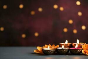 Happy diwali or deepavali traditional indian festival with clay diya oil lamp. Indian hindu festival of light symbol with candle and light. Clay diya lamp lit during diwali celebration by AI generated photo