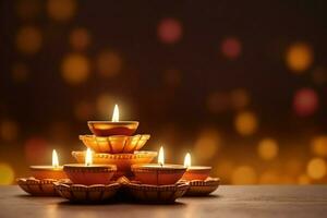 Happy diwali or deepavali traditional indian festival with clay diya oil lamp. Indian hindu festival of light symbol with candle and light. Clay diya lamp lit during diwali celebration by AI generated photo