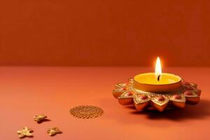 Happy diwali or deepavali traditional indian festival with clay diya oil lamp. Indian hindu festival of light symbol with candle and light. Clay diya lamp lit during diwali celebration by AI generated photo