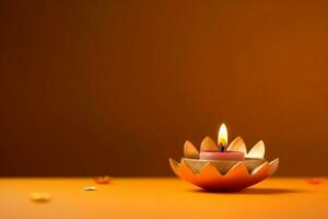 Happy diwali or deepavali traditional indian festival with clay diya oil lamp. Indian hindu festival of light symbol with candle and light. Clay diya lamp lit during diwali celebration by AI generated photo