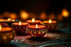 Happy diwali or deepavali traditional indian festival with clay diya oil lamp. Indian hindu festival of light symbol with candle and light. Clay diya lamp lit during diwali celebration by AI generated photo